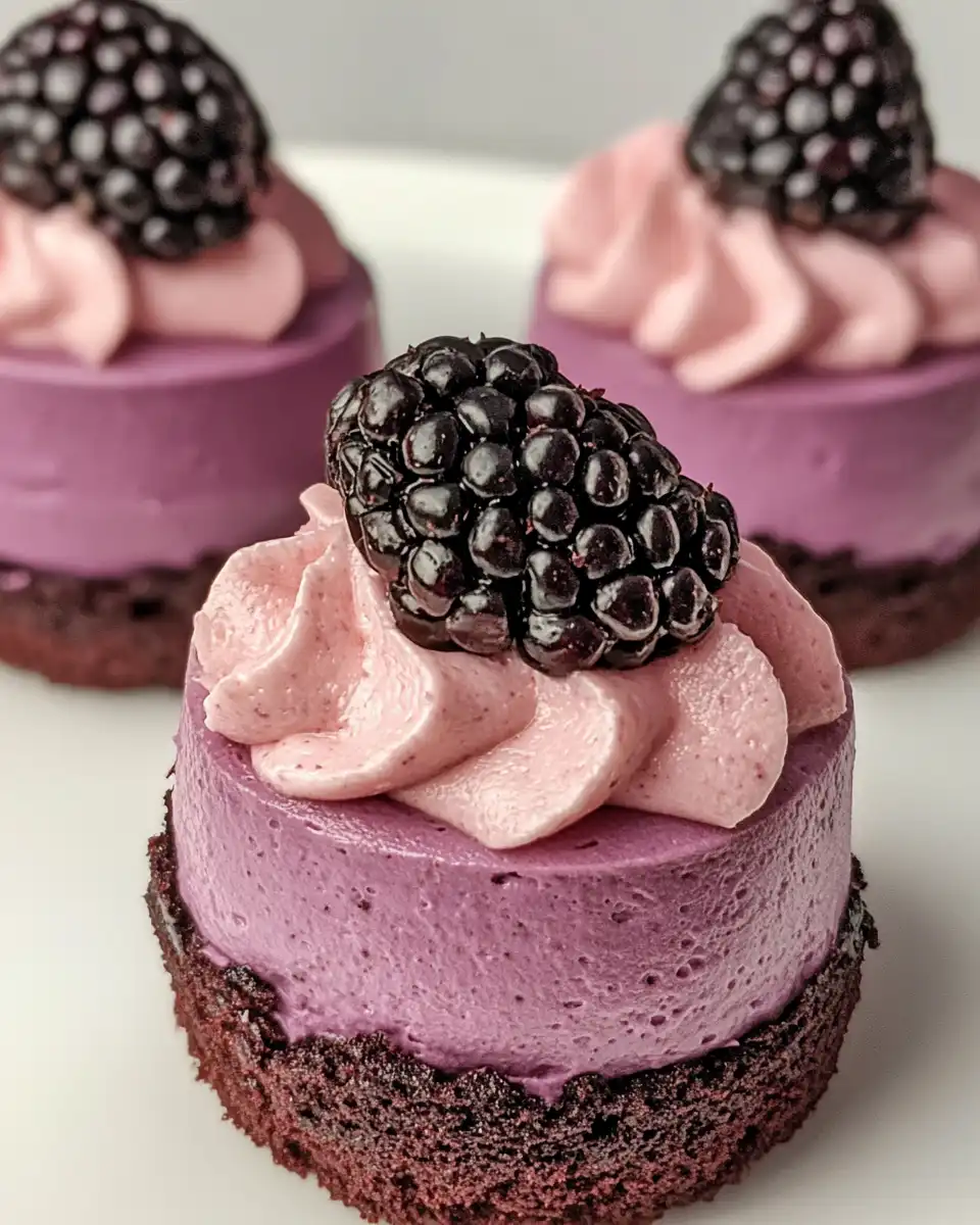 Mini blueberry mousse cakes topped with glossy mirror glaze ready to serve