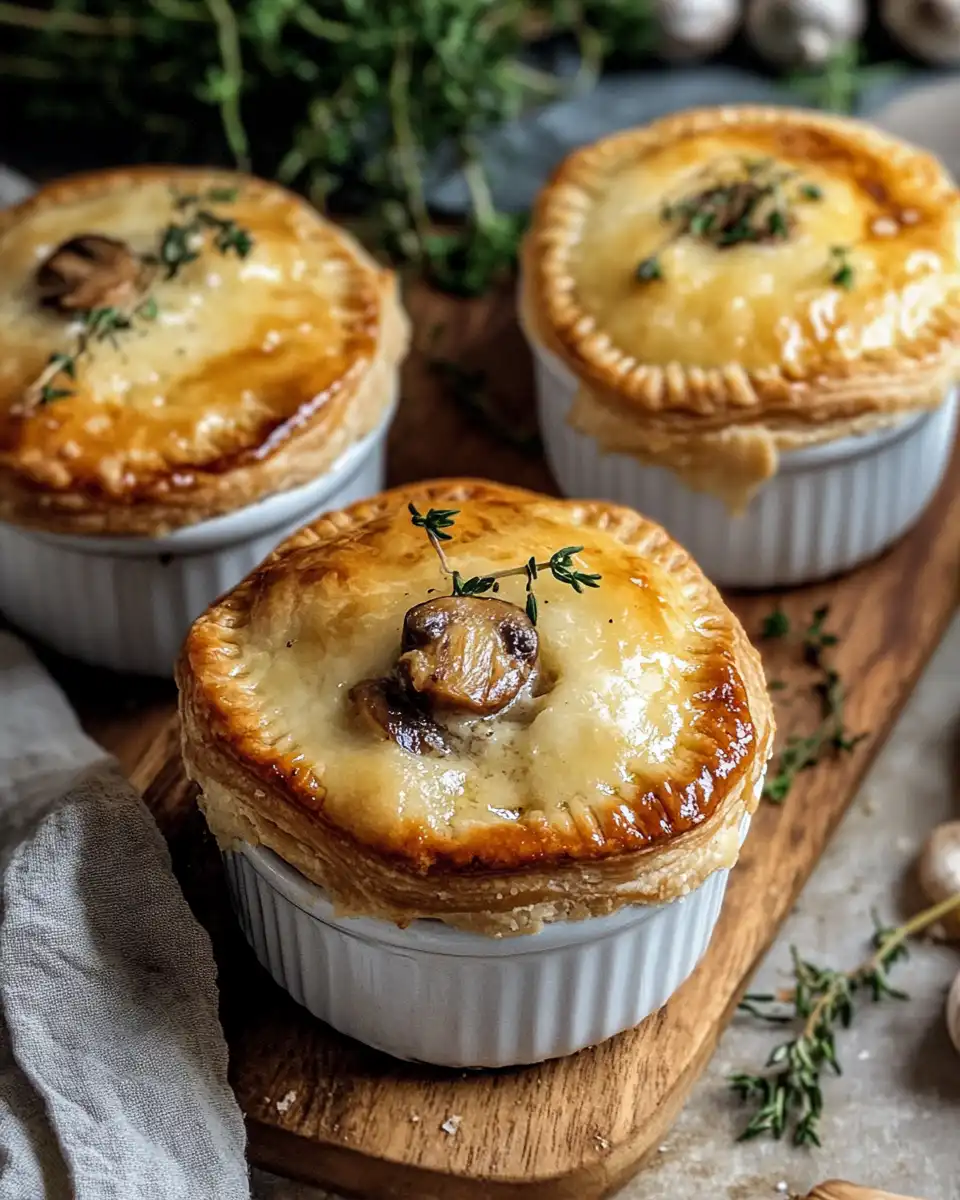 Golden brown mini mushroom gruyere pot pies ready to serve