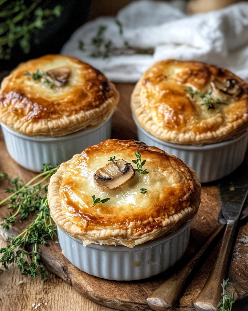 Mini mushroom gruyere pot pies with flaky crust fresh from the oven