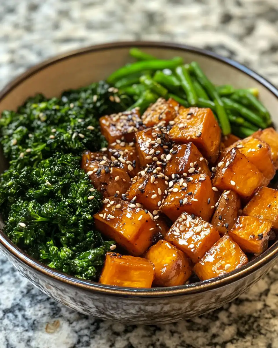 Serving suggestion of finished miso glazed sweet potatoes in bowl