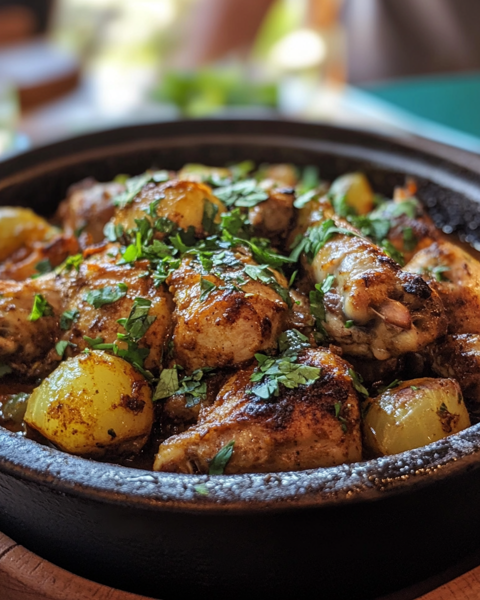 Finished Moroccan chicken tagine with fresh cilantro garnish