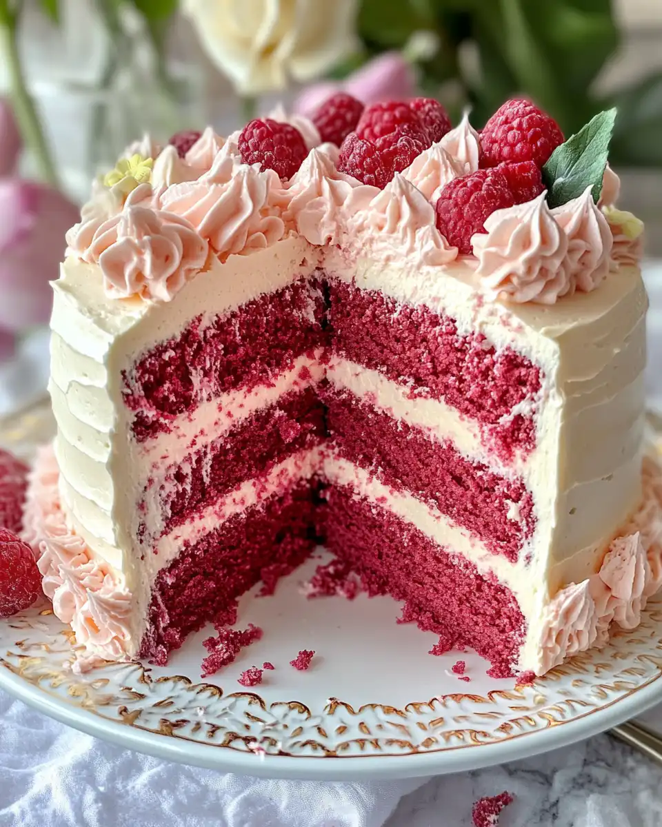 Slice of strawberry-glazed pink velvet cake ready to serve