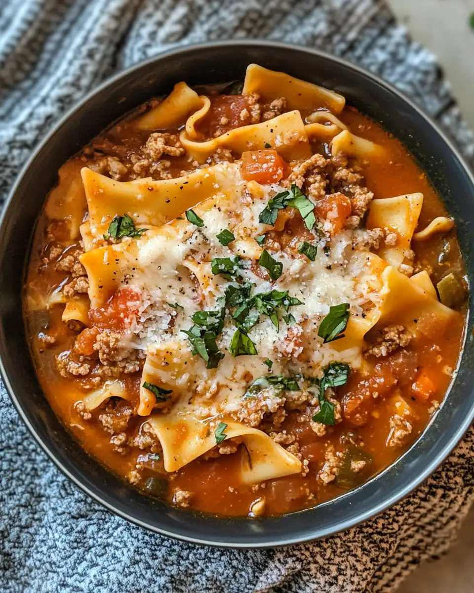 Ingredients for one pot lasagna soup arranged including olive oil, beef, marinara, and spices