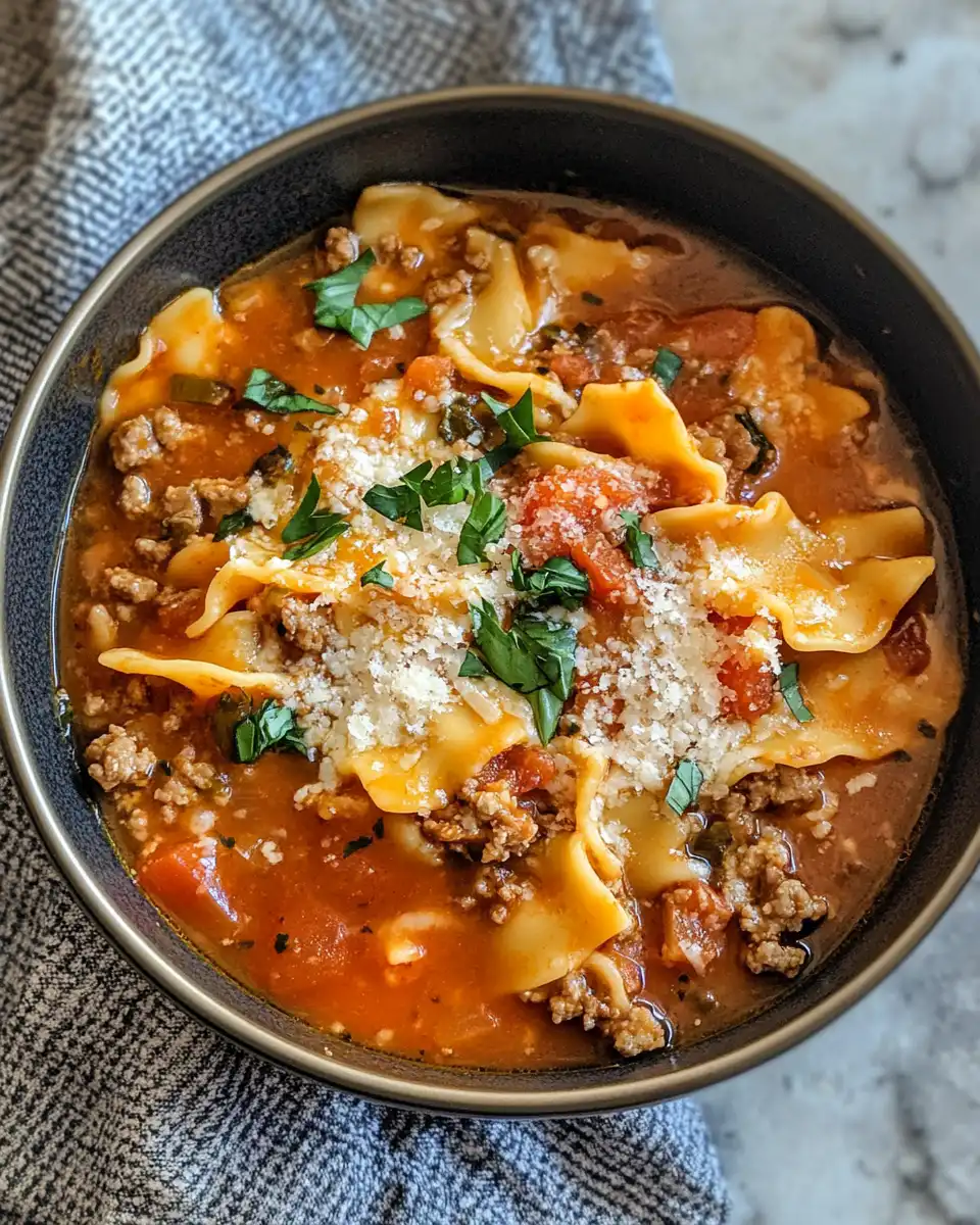 Bowls of finished one pot lasagna soup with cheese and parsley ready to eat