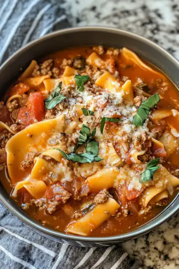 Mouthwatering One Pot Lasagna Soup taken with iphone 15 pro max --iw 2 --ar 4:5 --v 6.1 --raw