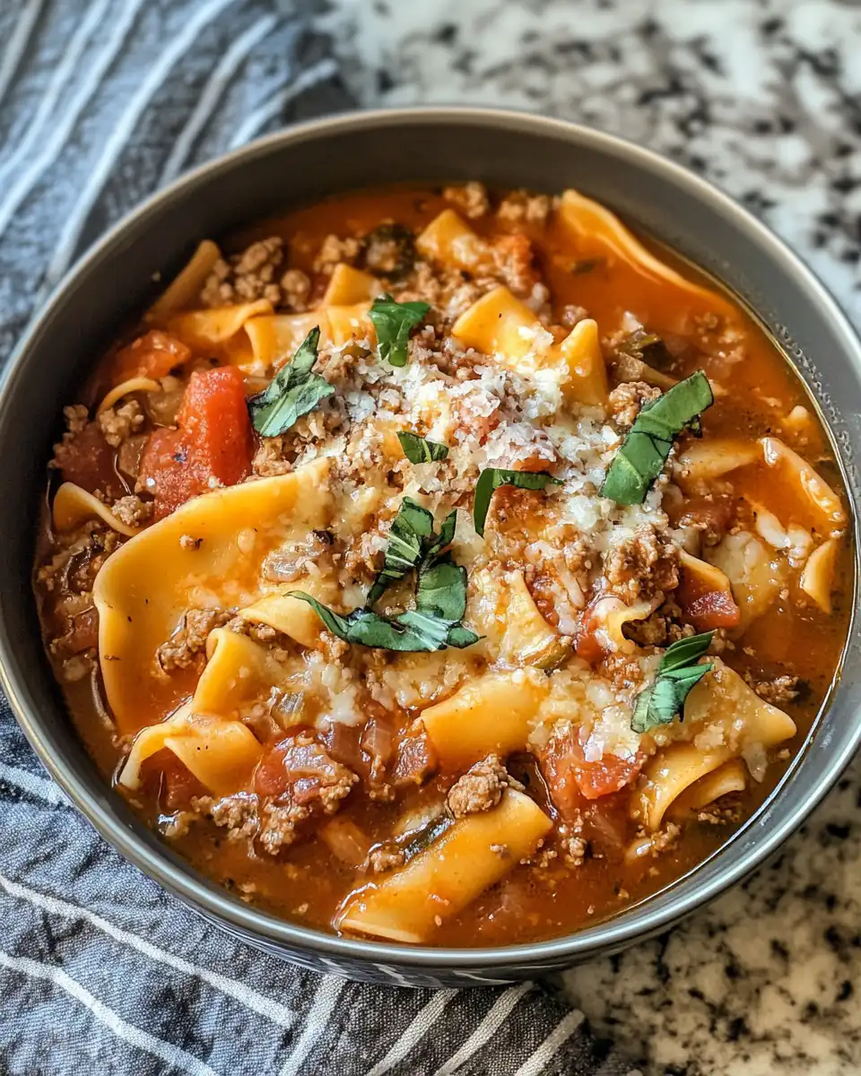 One pot lasagna soup simmering in pressure cooker with garlic and tomatoes aroma
