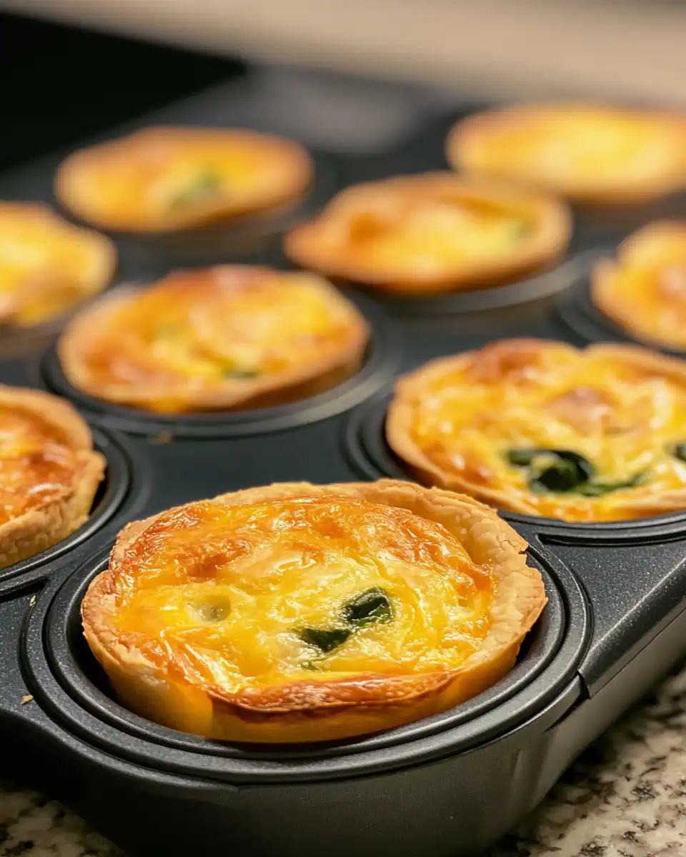 Golden baked mini quiches cooling in muffin tin ready to serve