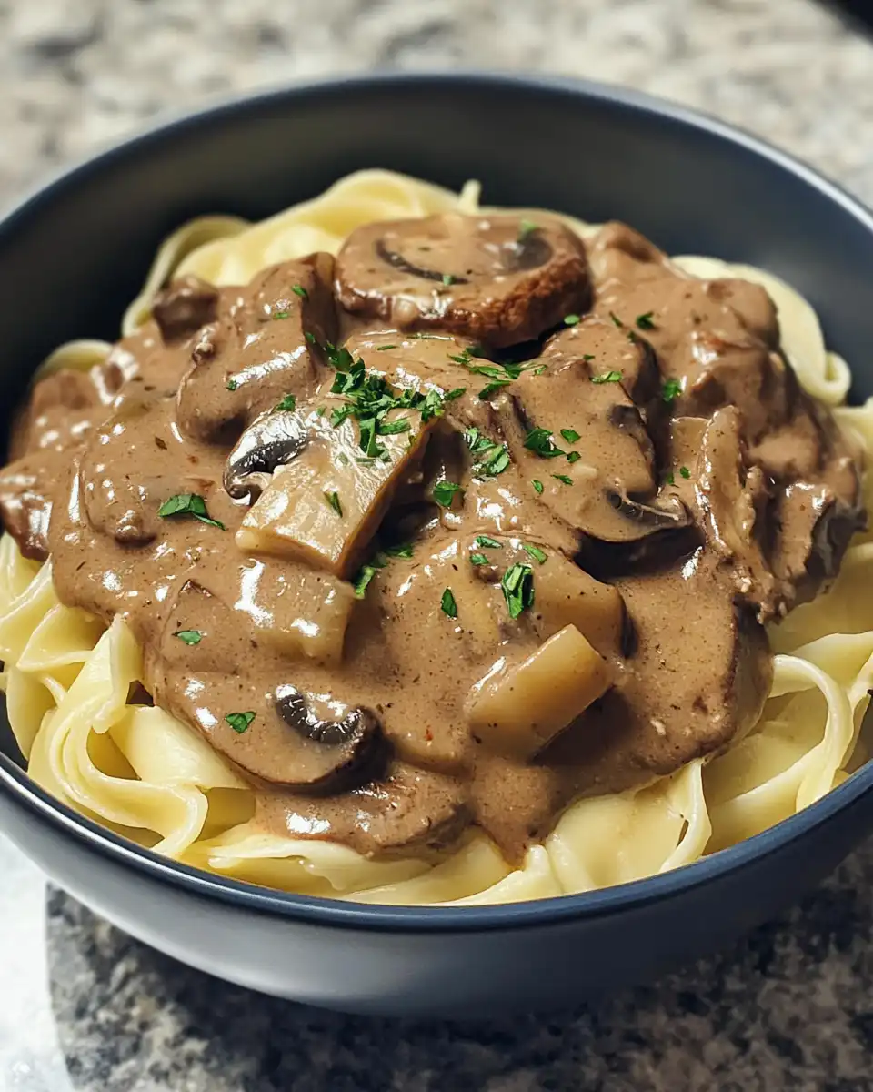 Vegan mushroom and seitan stroganoff served on plate with pasta