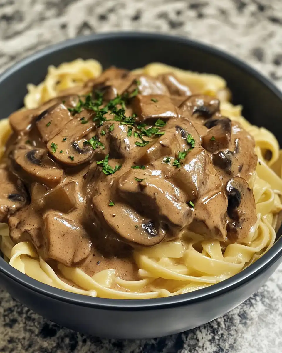 Mushrooms and seitan sizzling in pressure cooker for vegan stroganoff