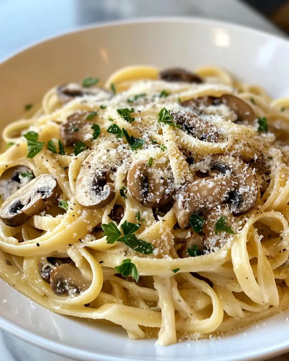 Plate of creamy mushroom Gruyere pasta garnished with parsley
