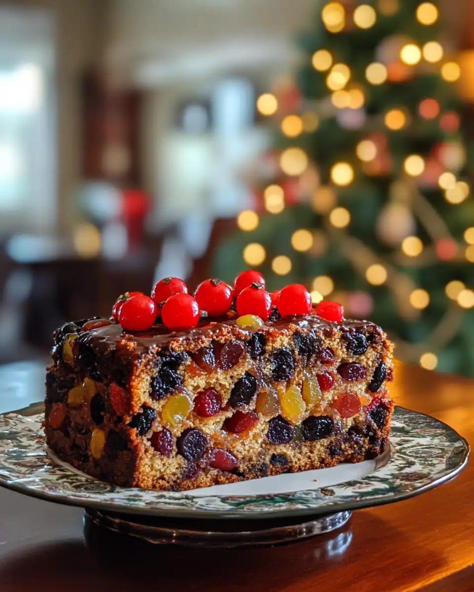Slice of moist and tender fruit cake with nuts and dried fruit