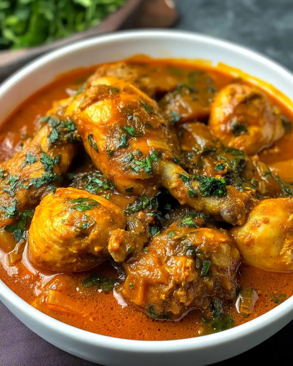 Fresh ingredients including tomatoes, peppers, and chicken for Nigerian stew