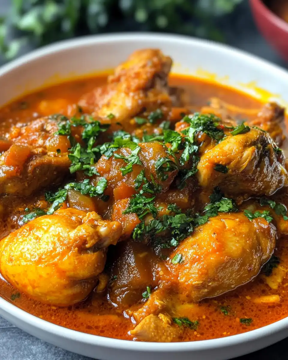 Nigerian chicken stew served hot in a bowl ready to eat