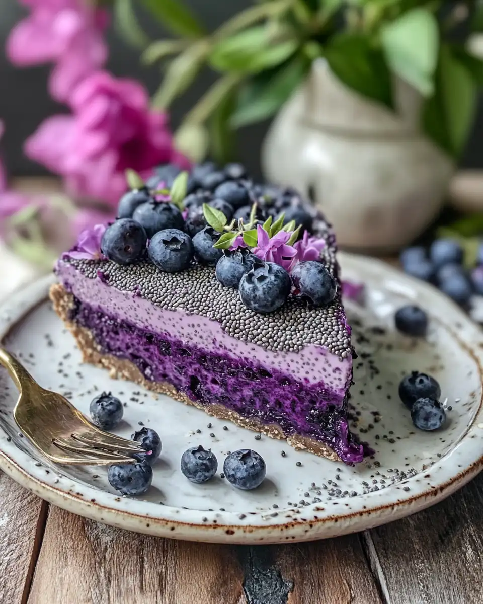 Slice of no-bake blueberry chia seed pie garnished with fresh berries