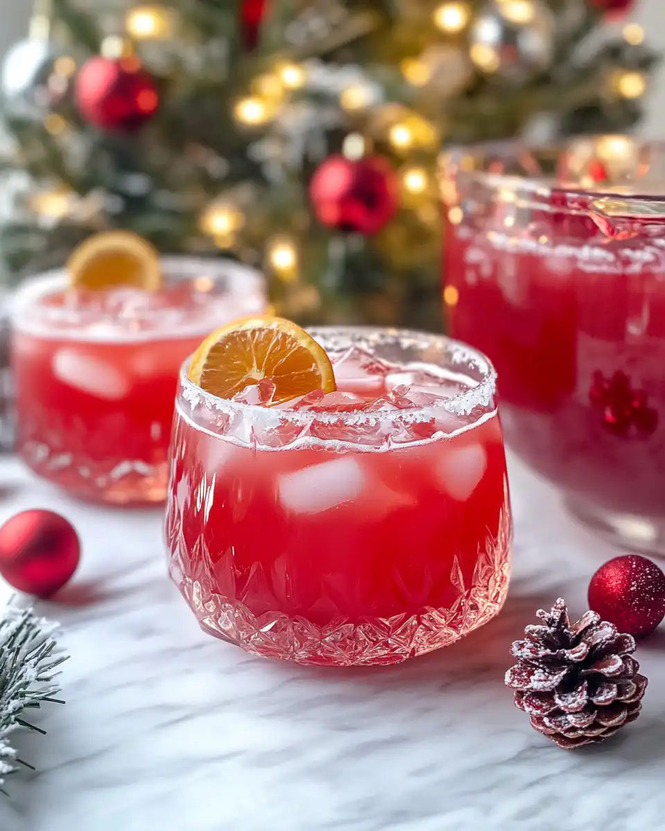 Ingredients for holiday punch including fresh orange slices, cranberries, and pomegranate seeds in a clear bowl