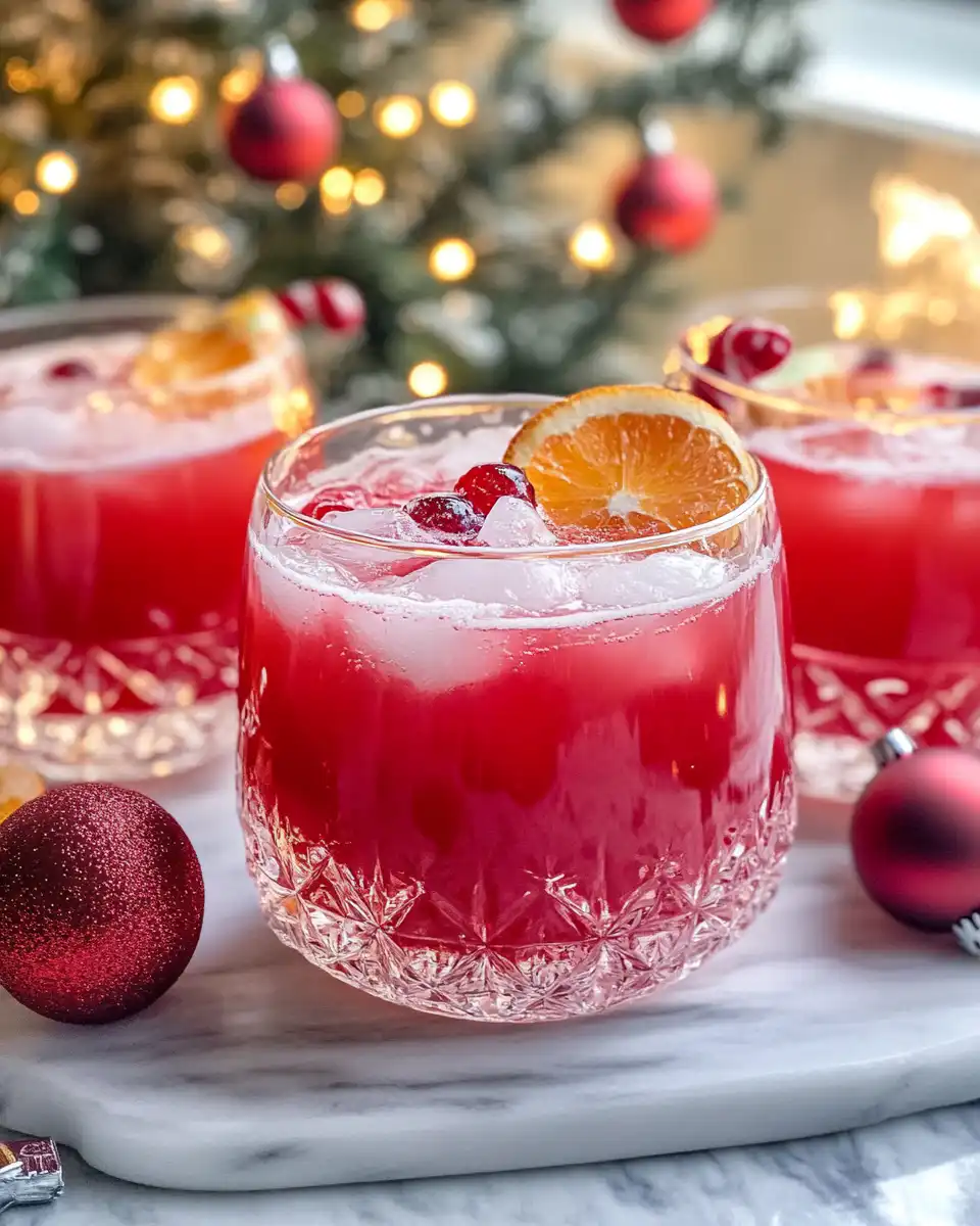 Serving glasses of festive holiday punch garnished with cranberries and rosemary