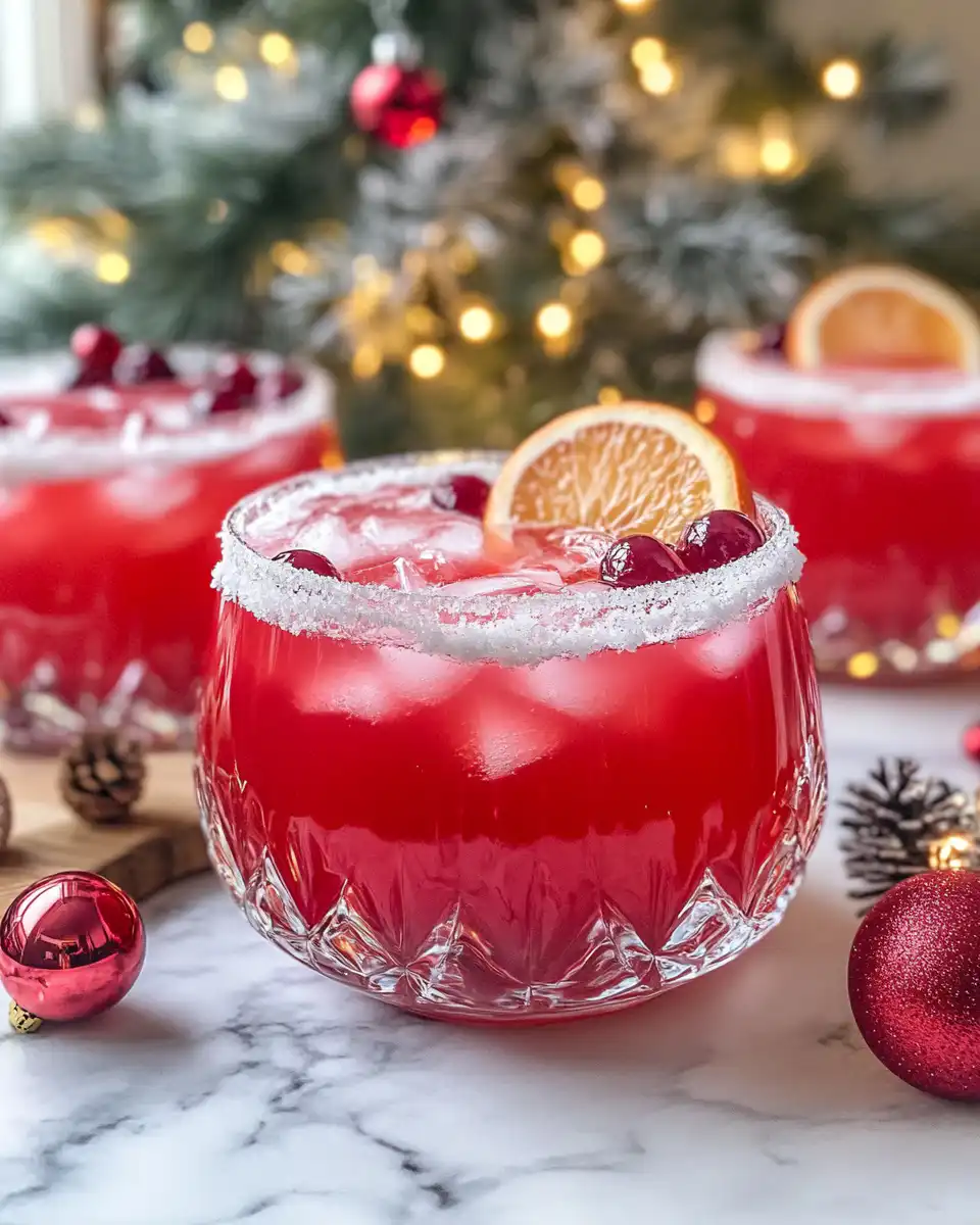 Festive non-alcoholic Christmas punch in a clear pitcher with fresh fruit garnish