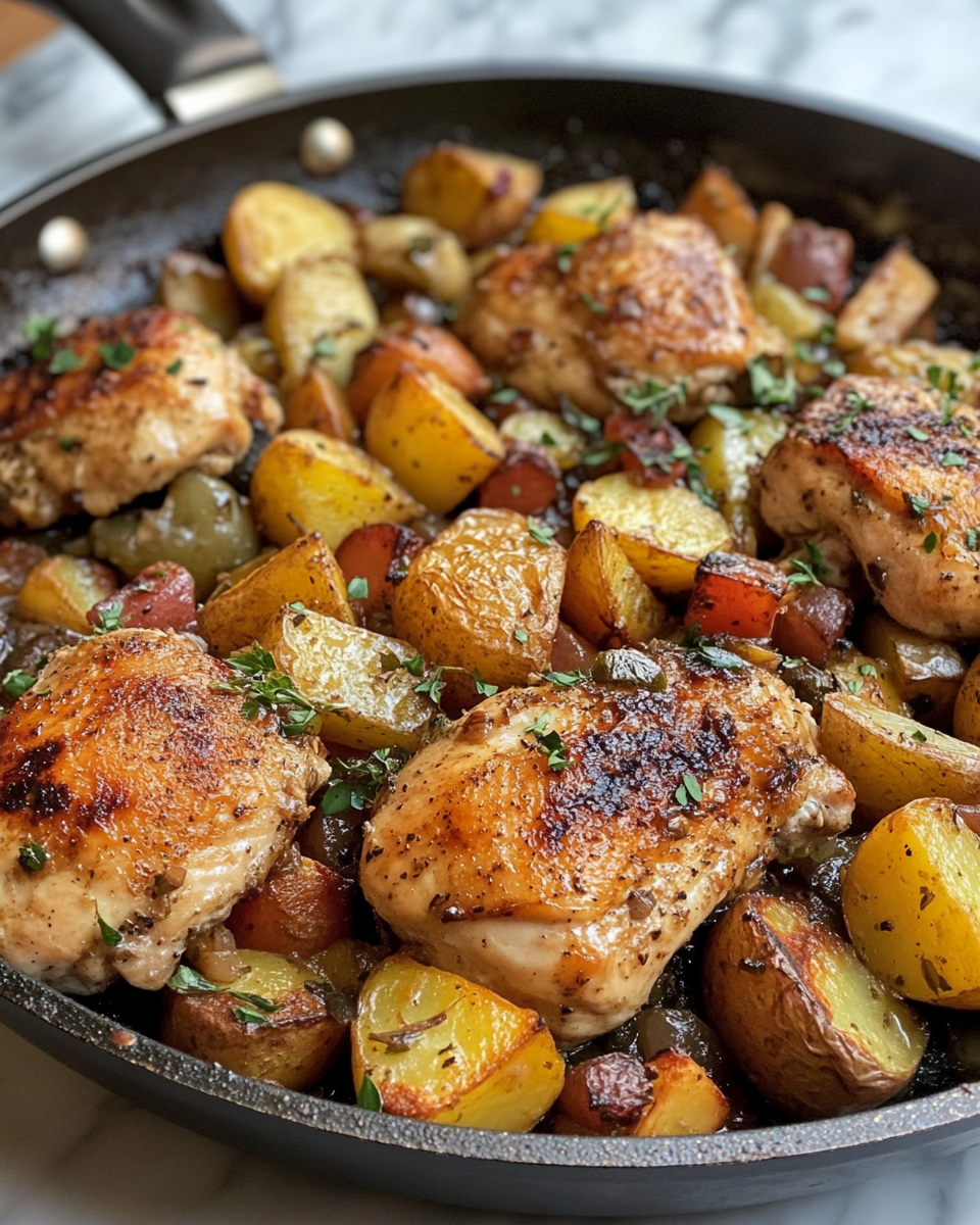 Mixing bowl with chicken, potatoes, and lemon spice sauce ready to bake