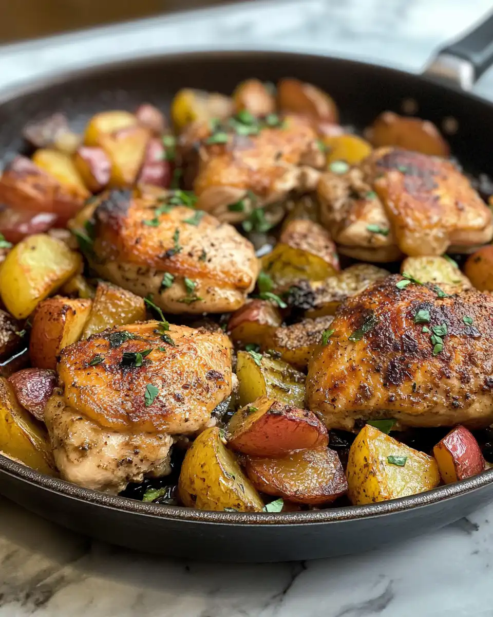 Deliciously plated one-pan chicken and potatoes with crispy skin and golden potatoes