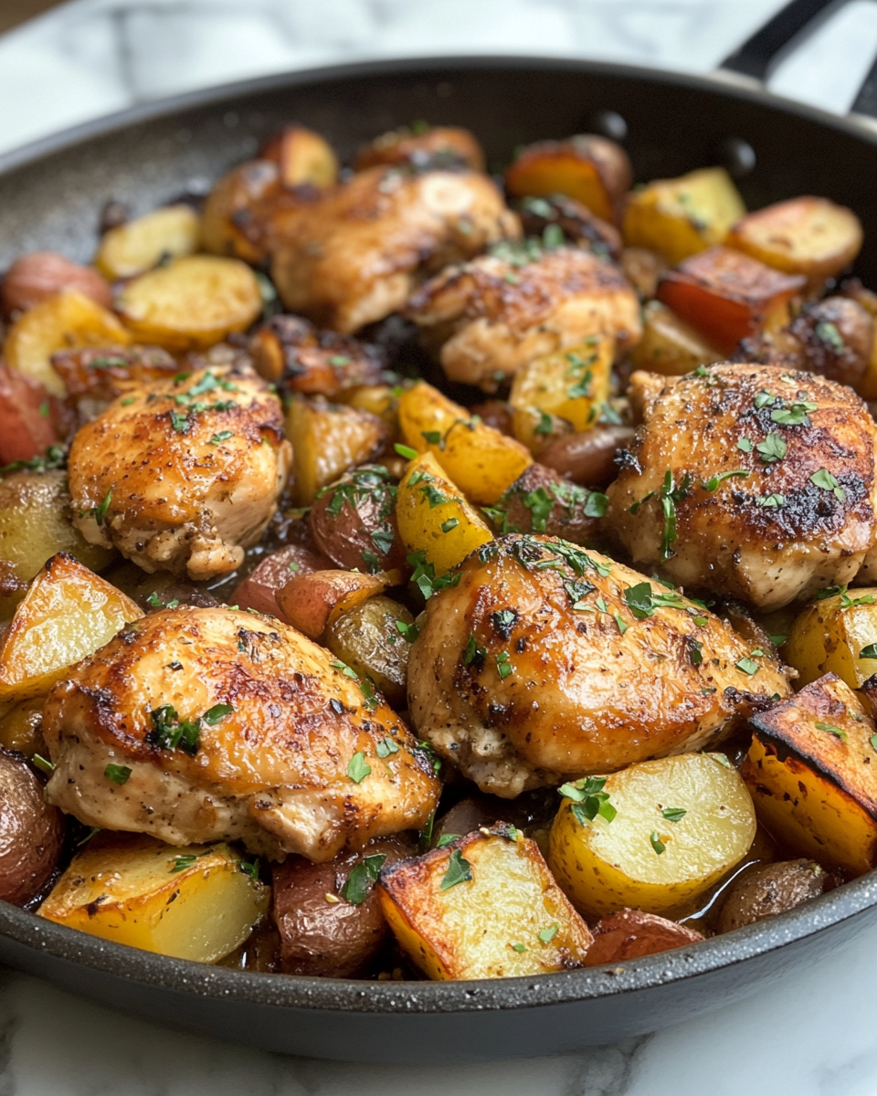 Juicy one-pan chicken thighs and baby potatoes fresh from the oven