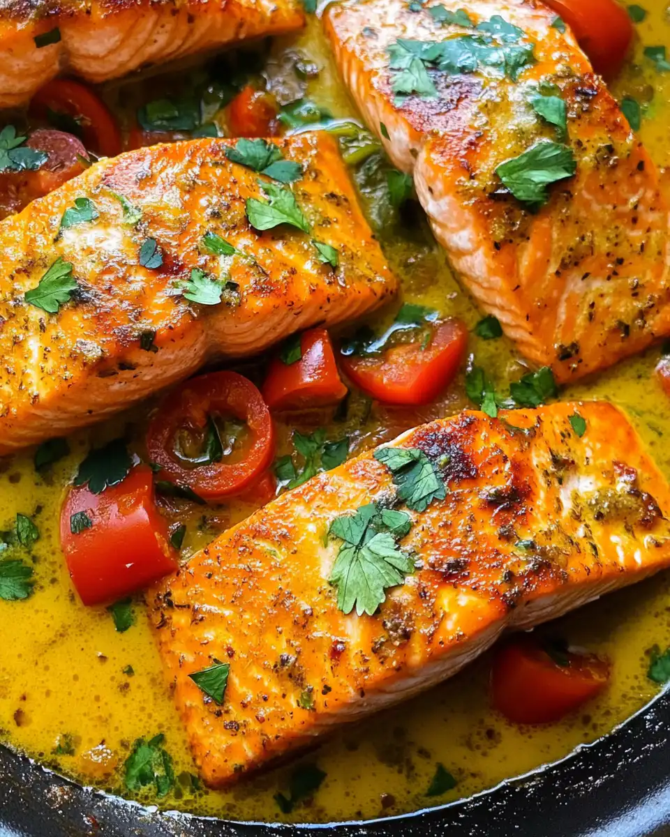 Ingredients mixed in pan for coconut curry salmon with garlic butter