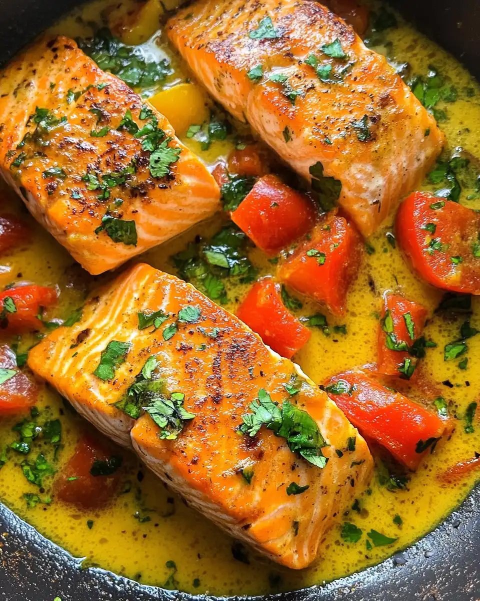 Plated one pan coconut curry salmon with garlic butter finished and ready to eat