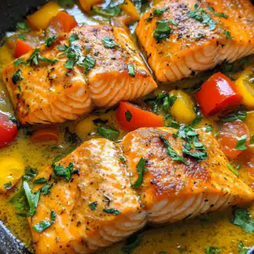 One Pan Coconut Curry Salmon With Garlic Butter taken with iphone 15 pro max --iw 2 --ar 4:5 --v 6.1 --raw