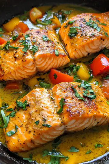 One Pan Coconut Curry Salmon With Garlic Butter taken with iphone 15 pro max --iw 2 --ar 4:5 --v 6.1 --raw