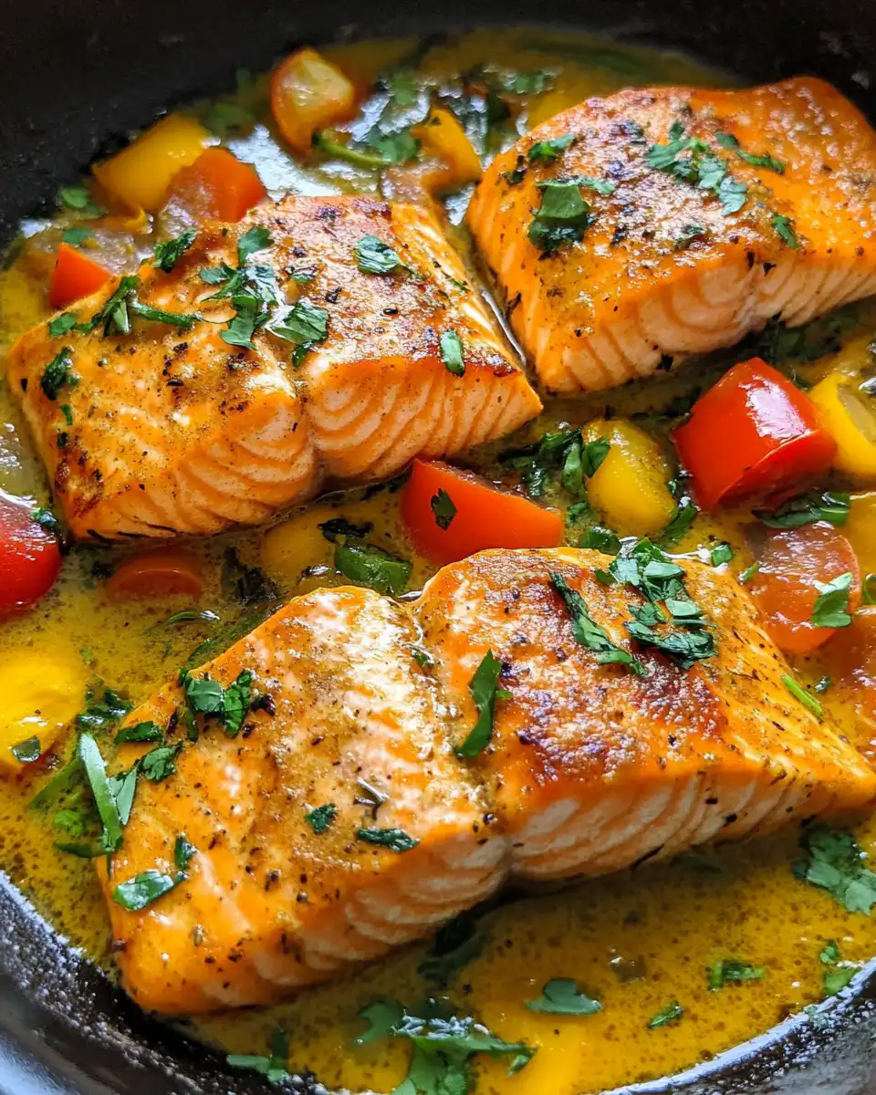 Close-up of garlicky buttery coconut curry salmon cooked in one pan