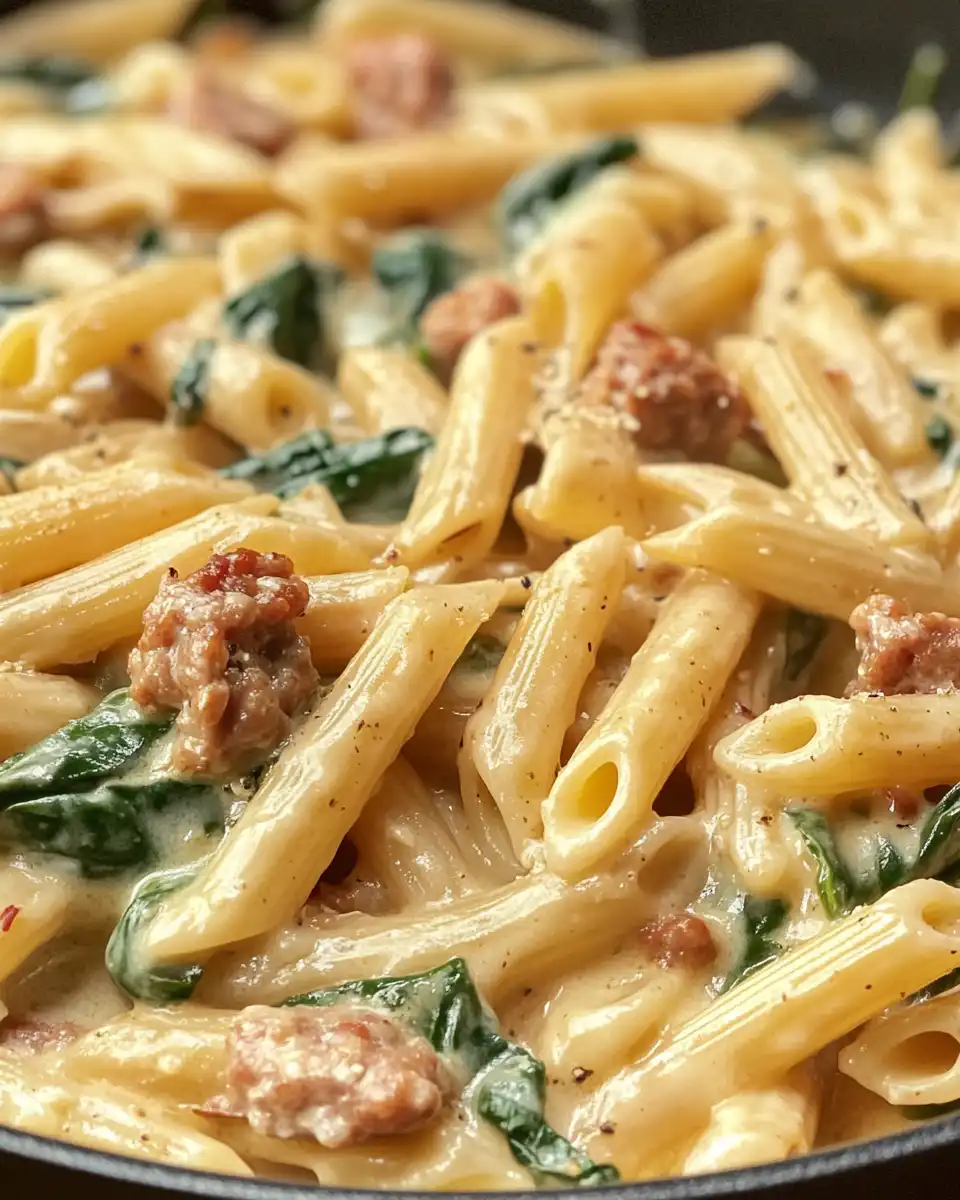 Ingredients and creamy process for one pan creamy penne with spinach and sausage
