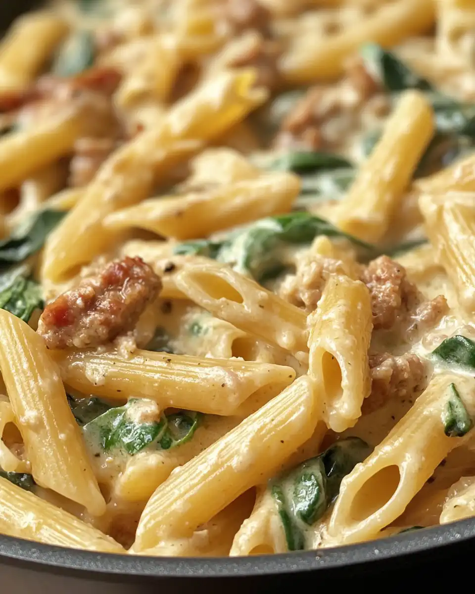 Final plated creamy penne with spinach and sausage topped with Parmesan cheese