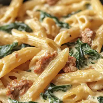 One Pan Creamy Penne With Spinach And Italian Sausage taken with iphone 15 pro max --iw 2 --ar 4:5 --v 6.1 --raw