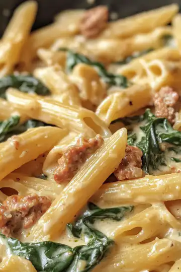 One Pan Creamy Penne With Spinach And Italian Sausage taken with iphone 15 pro max --iw 2 --ar 4:5 --v 6.1 --raw