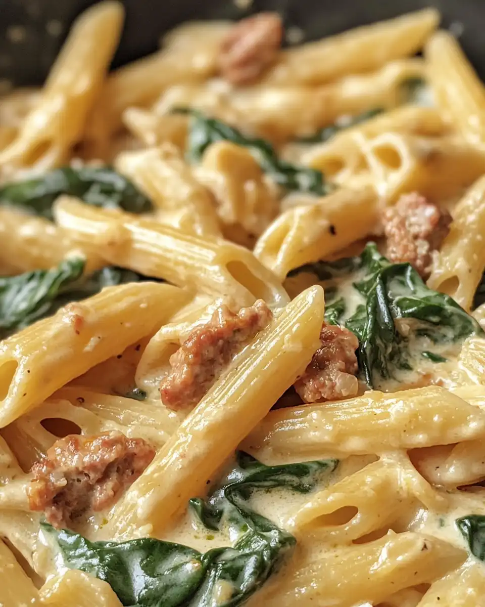 Creamy penne with spinach and Italian sausage bubbling in pressure cooker
