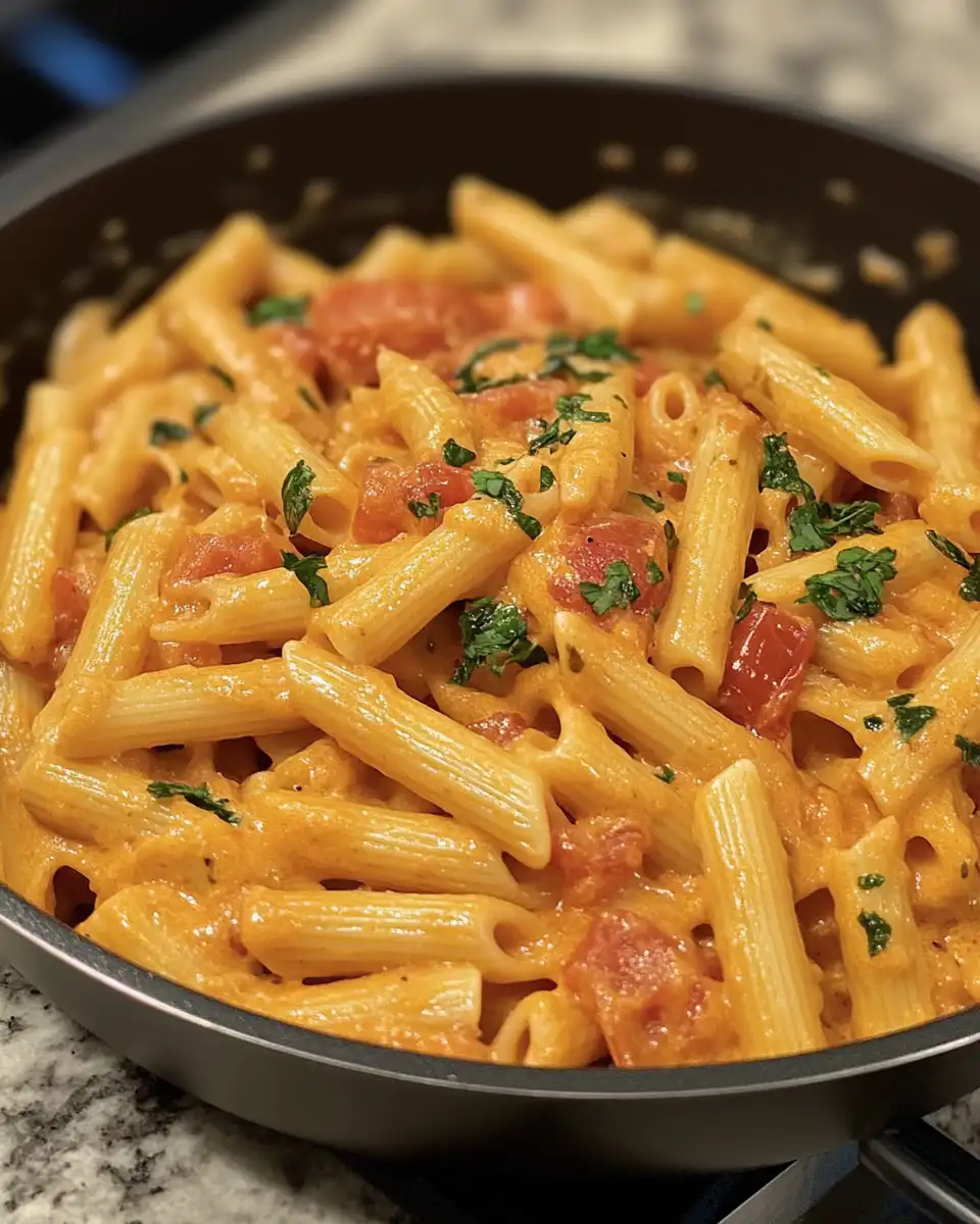 Creamy one-pan tomato pasta served on a plate