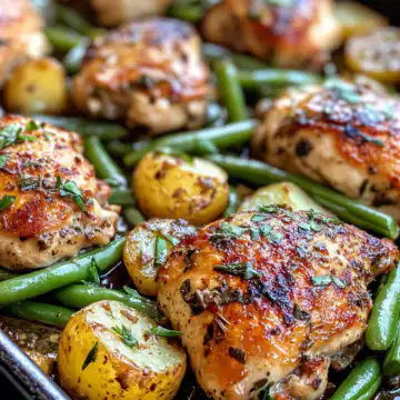 One Pan Garlic Herb Chicken With Potatoes Green Beans taken with iphone 15 pro max --iw 2 --ar 4:5 --v 6.1 --raw
