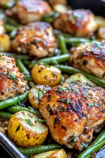 One Pan Garlic Herb Chicken With Potatoes Green Beans taken with iphone 15 pro max --iw 2 --ar 4:5 --v 6.1 --raw