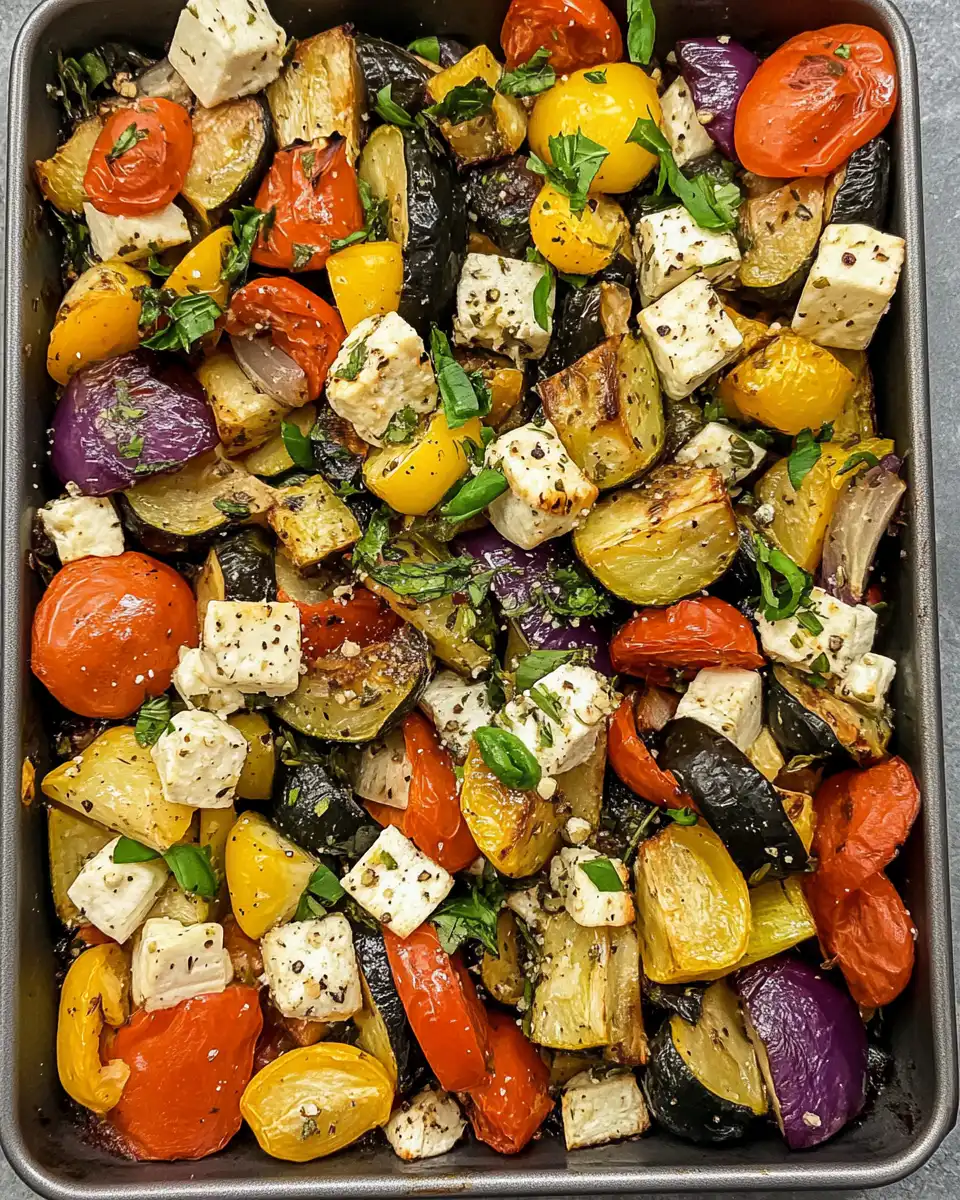 Sheet pan spread with seasoned Greek chicken and vegetables before cooking