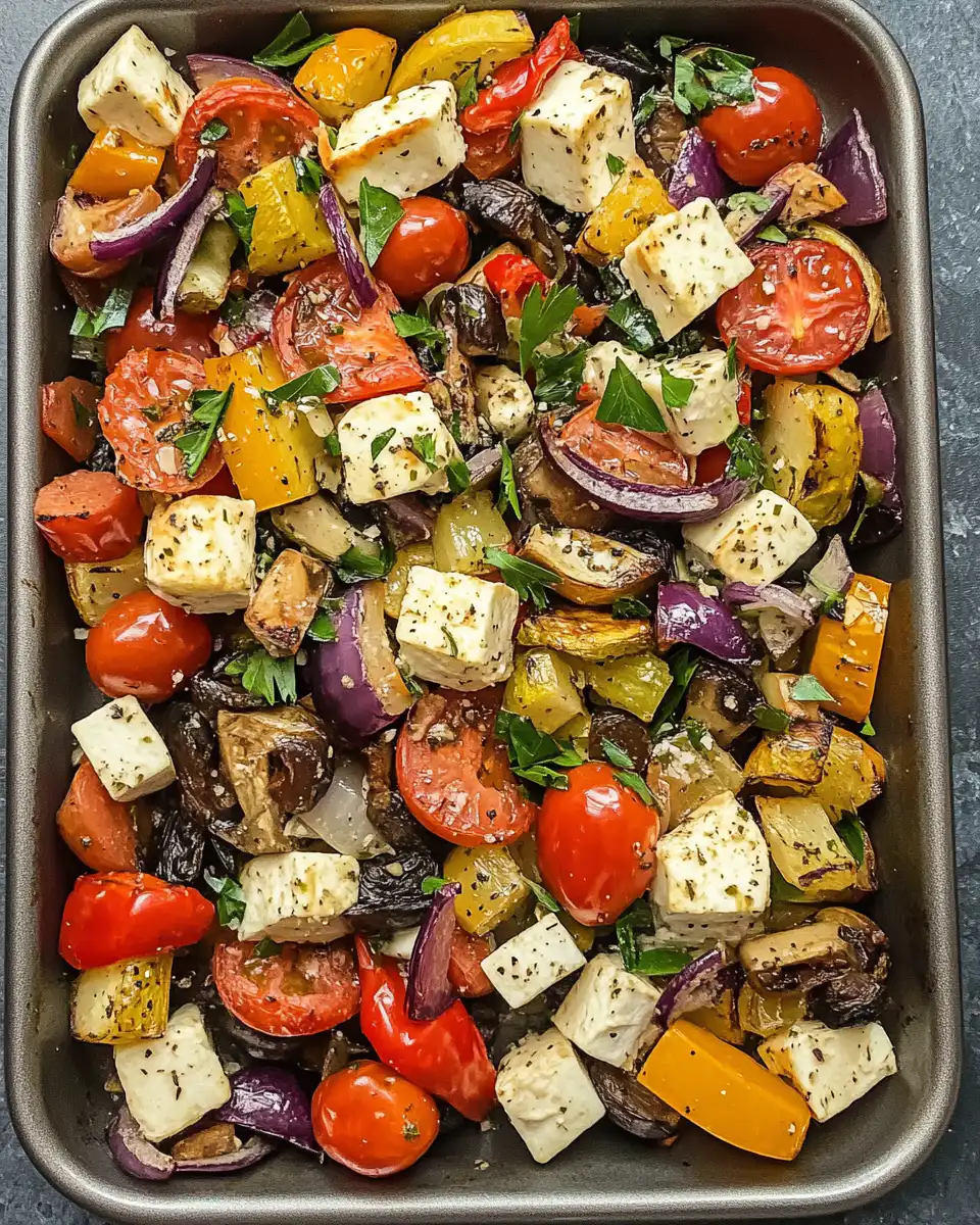 Sheet pan Greek chicken and vegetables fresh from oven