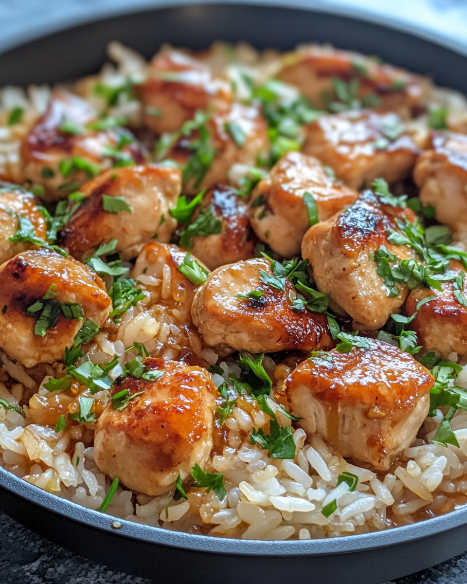 Perfectly cooked one-pan honey butter garlic chicken with golden brown chicken and fluffy rice
