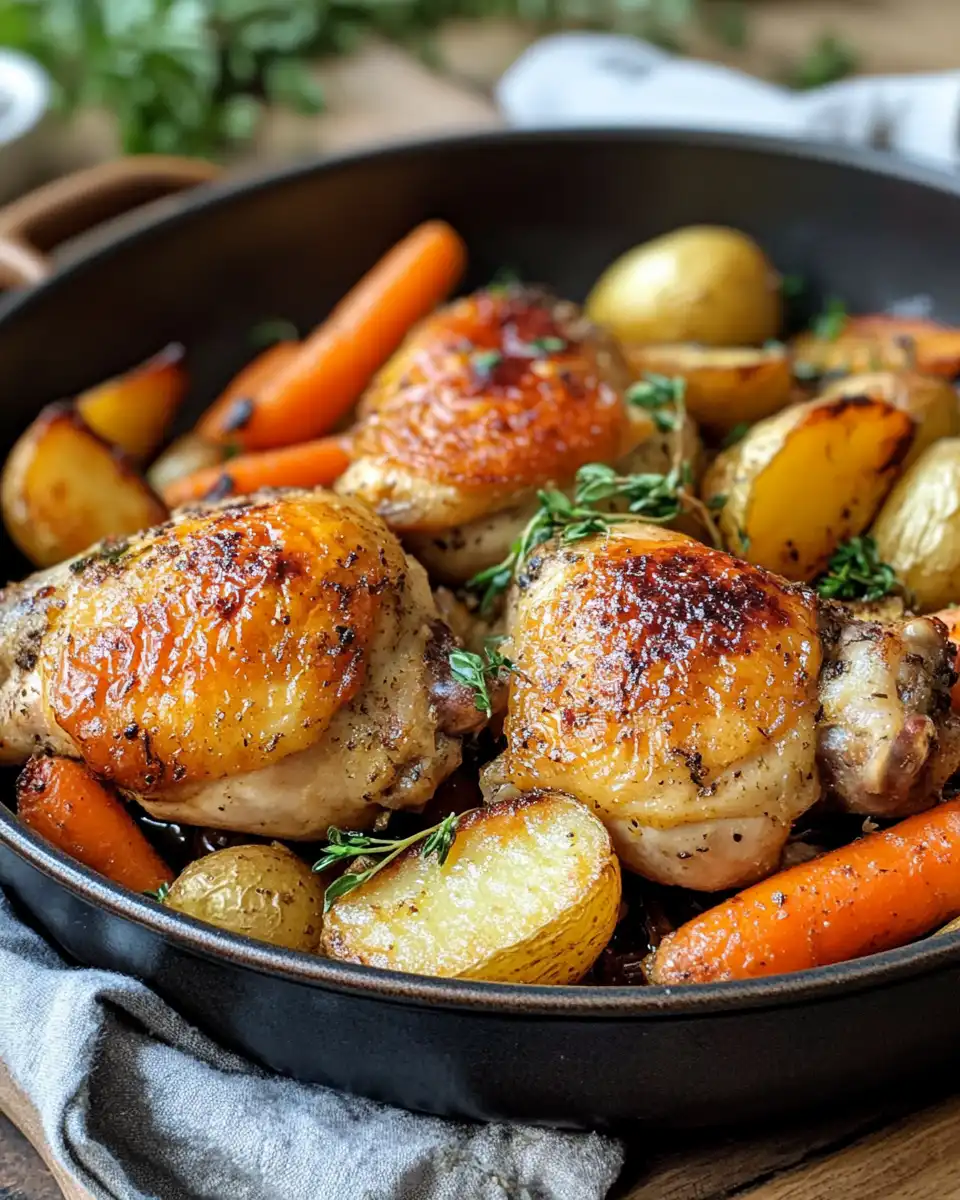 Pressure cooker with chicken thighs on top of carrots and potatoes ready for cooking