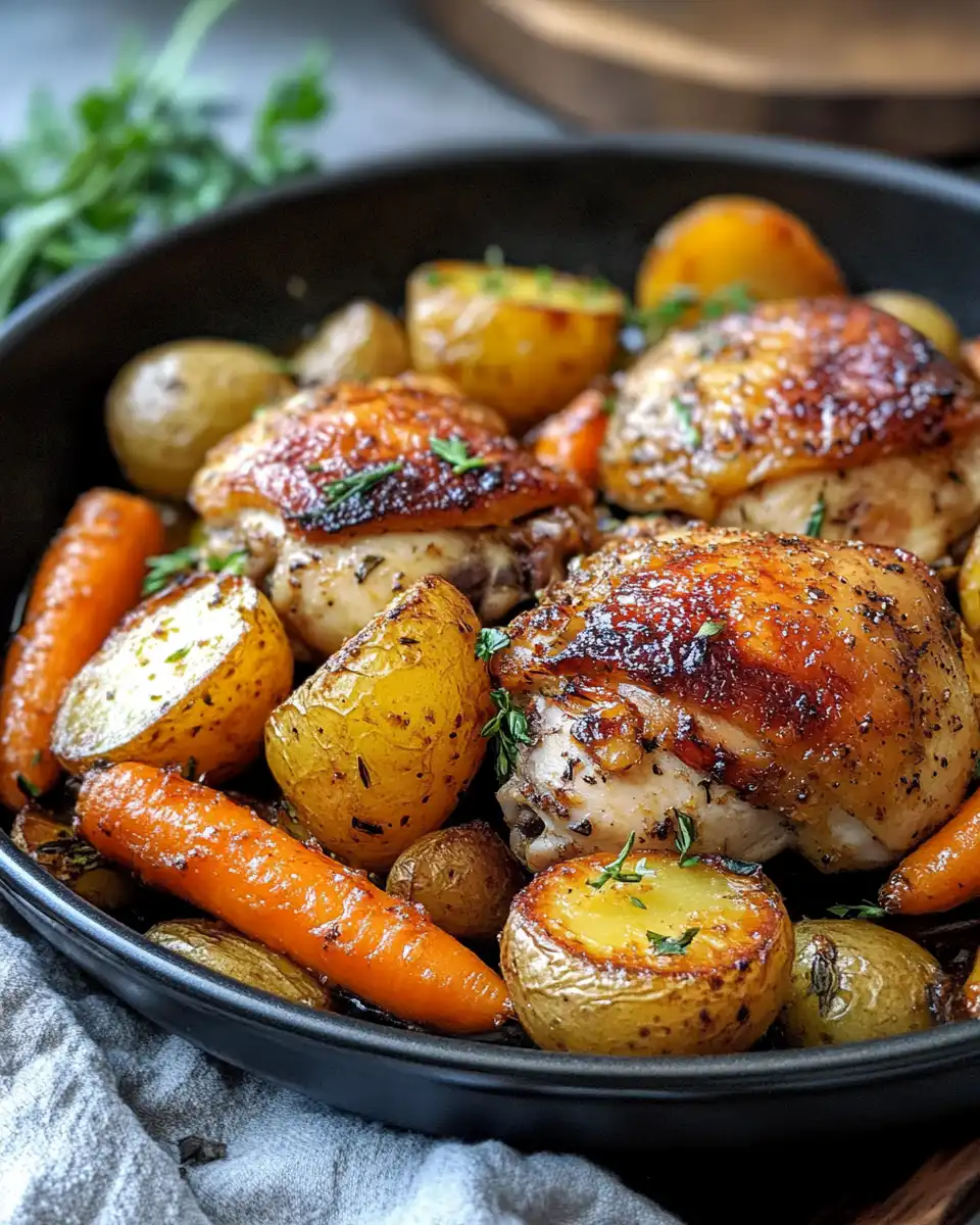 Juicy roasted chicken thigh with tender carrots and potatoes on a plate