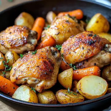 One Pan Roasted Chicken Thighs With Carrots And Potatoes taken with iphone 15 pro max --iw 2 --ar 4:5 --v 6.1 --raw