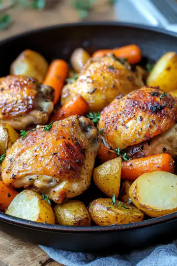 One Pan Roasted Chicken Thighs With Carrots And Potatoes taken with iphone 15 pro max --iw 2 --ar 4:5 --v 6.1 --raw