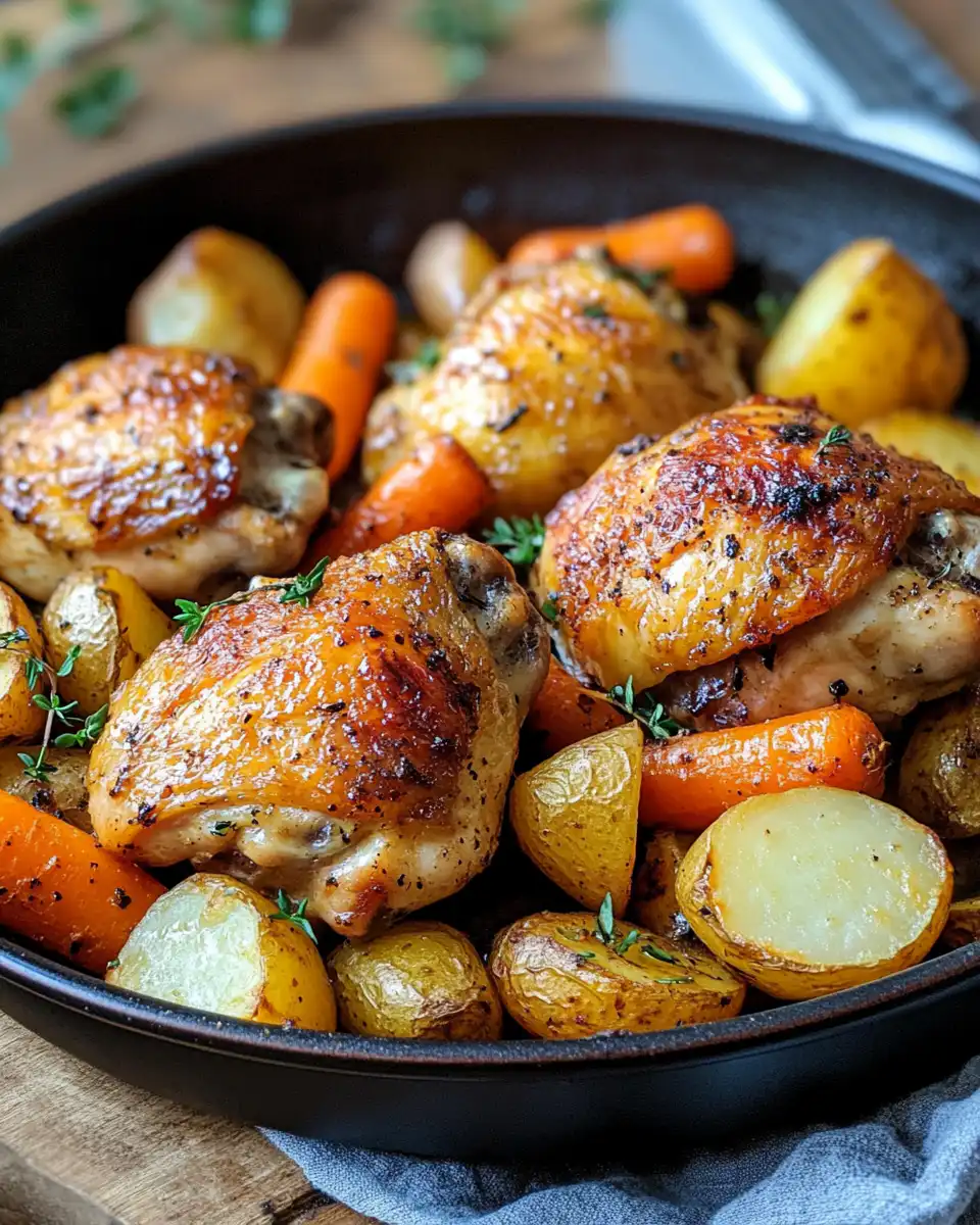 Crispy one pan roasted chicken thighs with carrots and potatoes fresh from pressure cooker