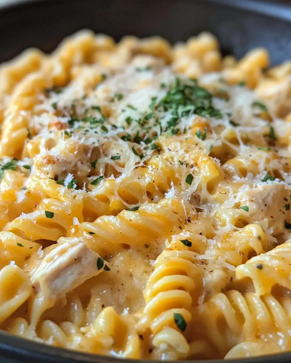 Serving of creamy one pot cheesy chicken pasta garnished and ready to eat