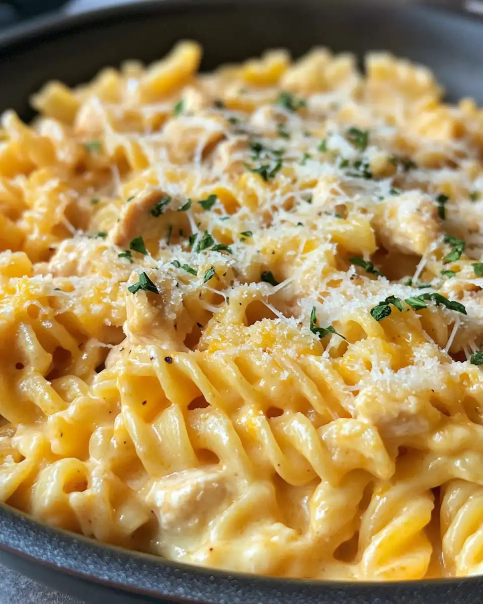 Steam rising from one pot cheesy chicken pasta in pressure cooker