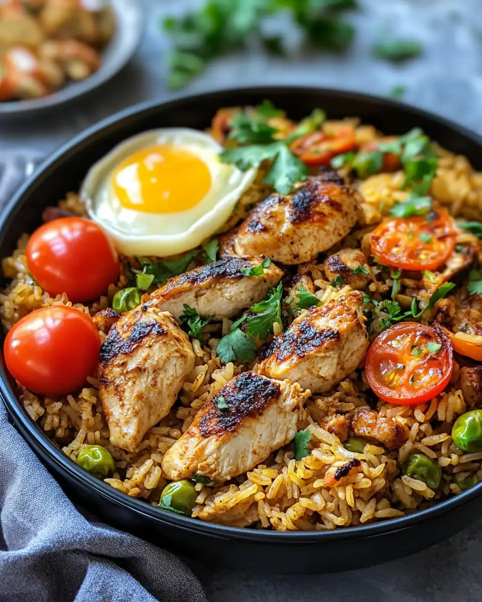 Served one-pot chicken shawarma rice with creamy sauce and fresh salad on side