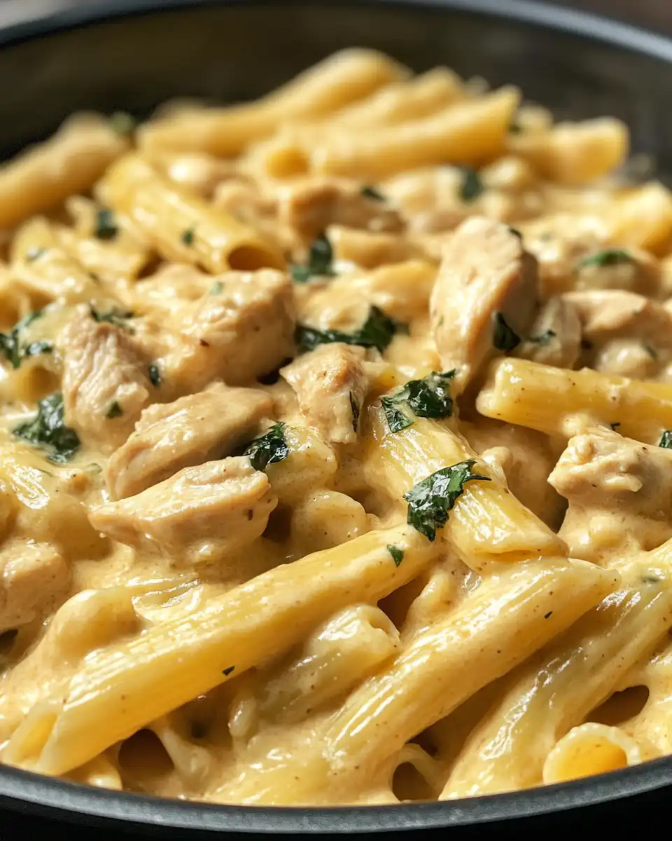 Creamy chicken pasta final dish served with fresh parsley garnish