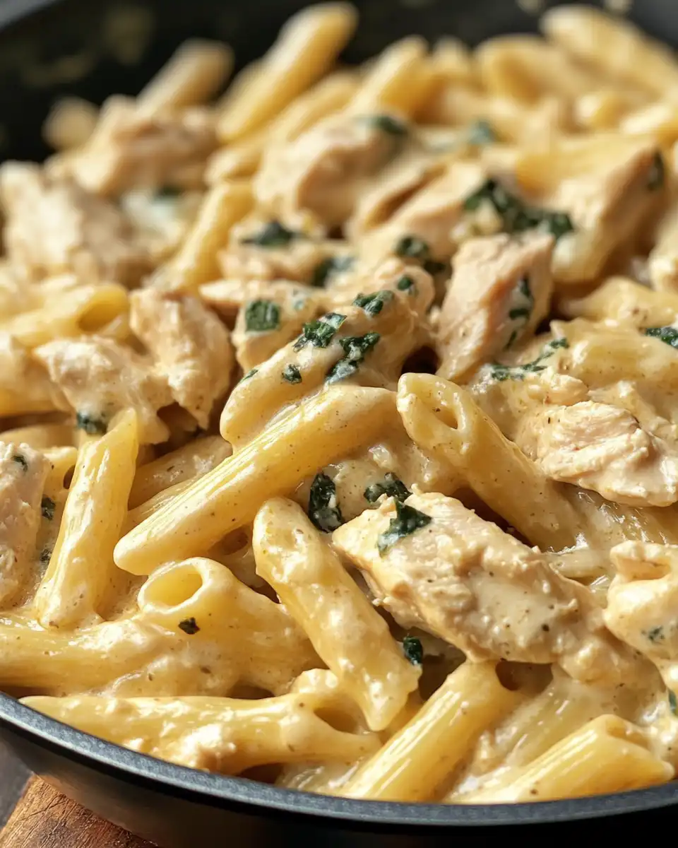 One pot creamy chicken pasta in pressure cooker with steam rising